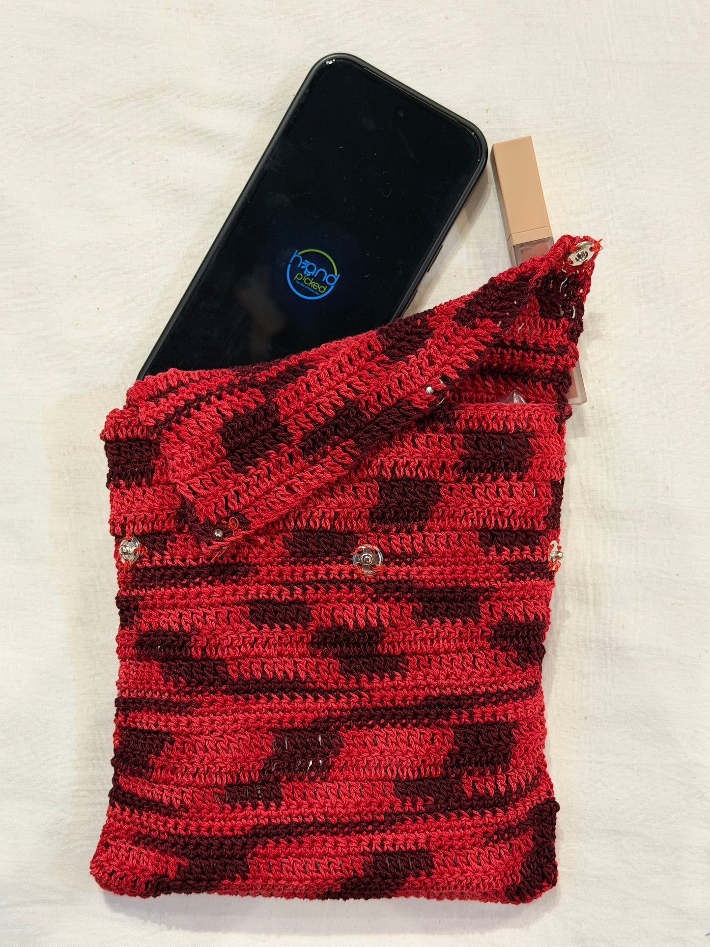 Red Flap closure buttoned crochet pouch - handcrafted