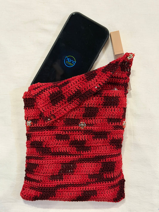 Red Flap closure buttoned crochet pouch - handcrafted