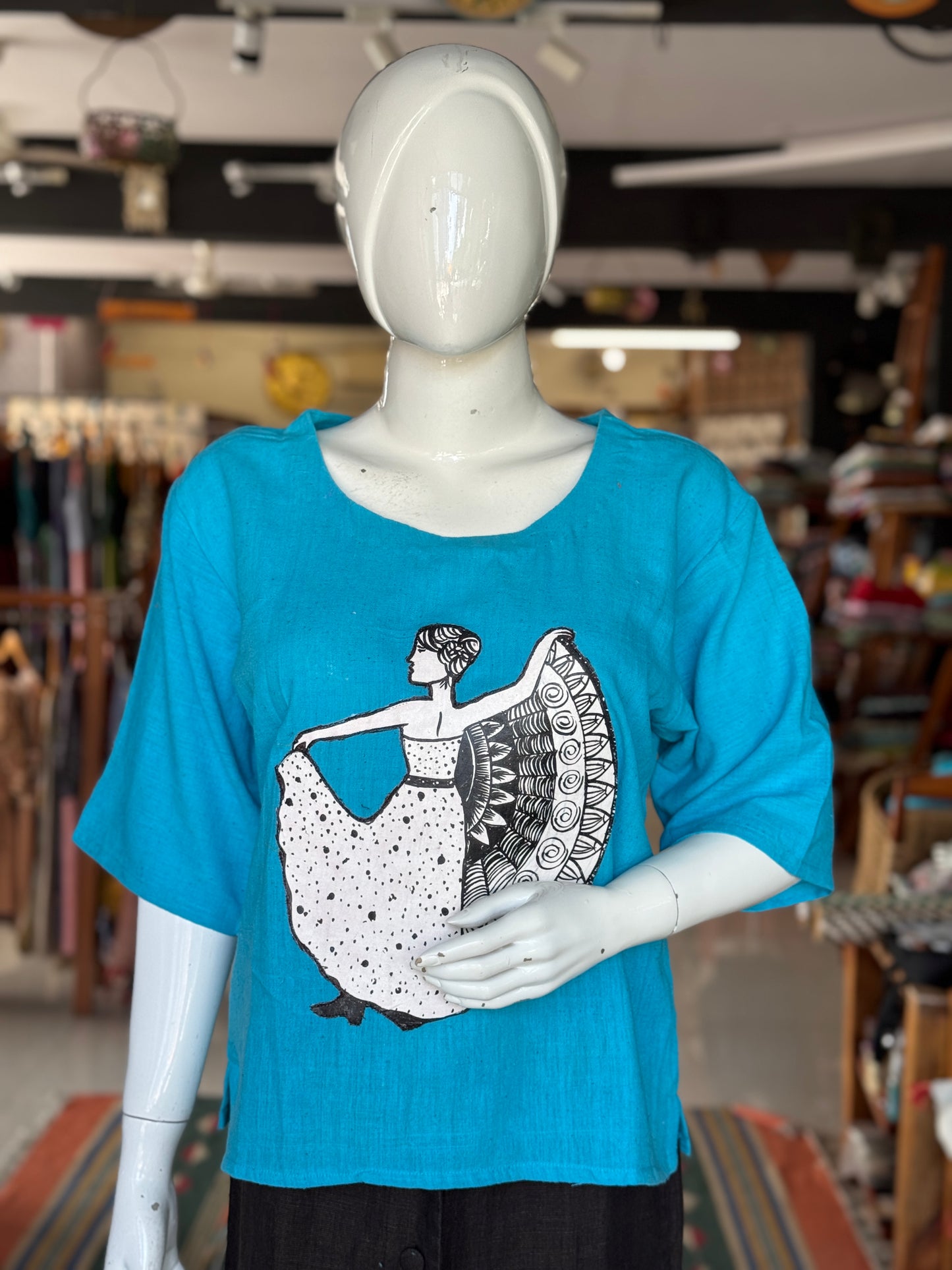 Blue kala cotton handloom cotton top with hand painted dancing lady