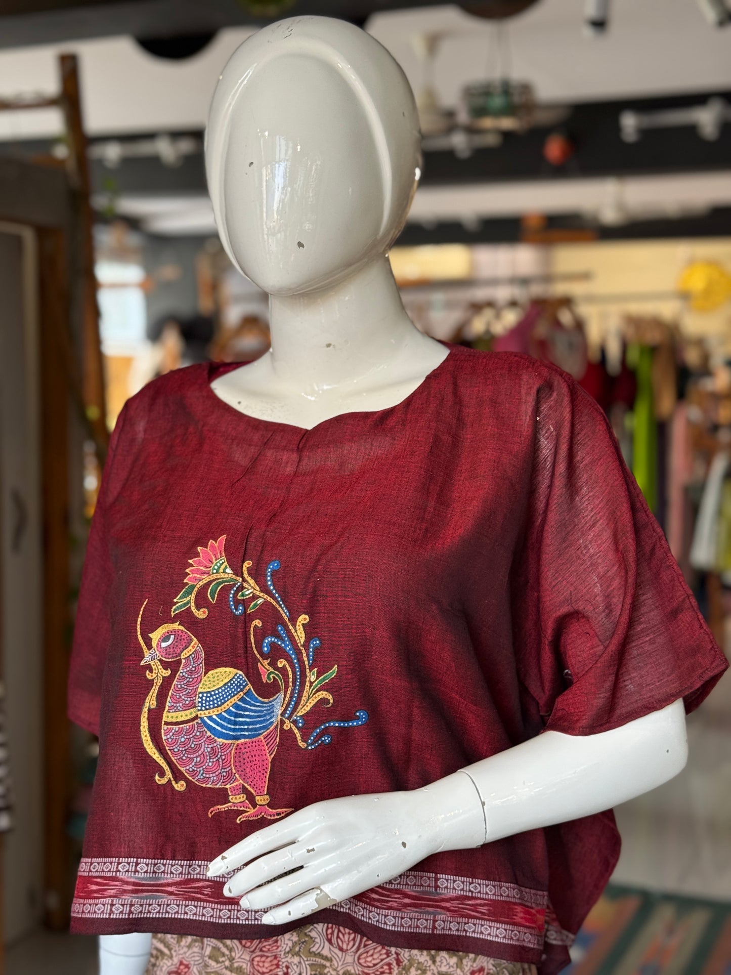 Maroon hand painted handwoven cotton kaftan top
