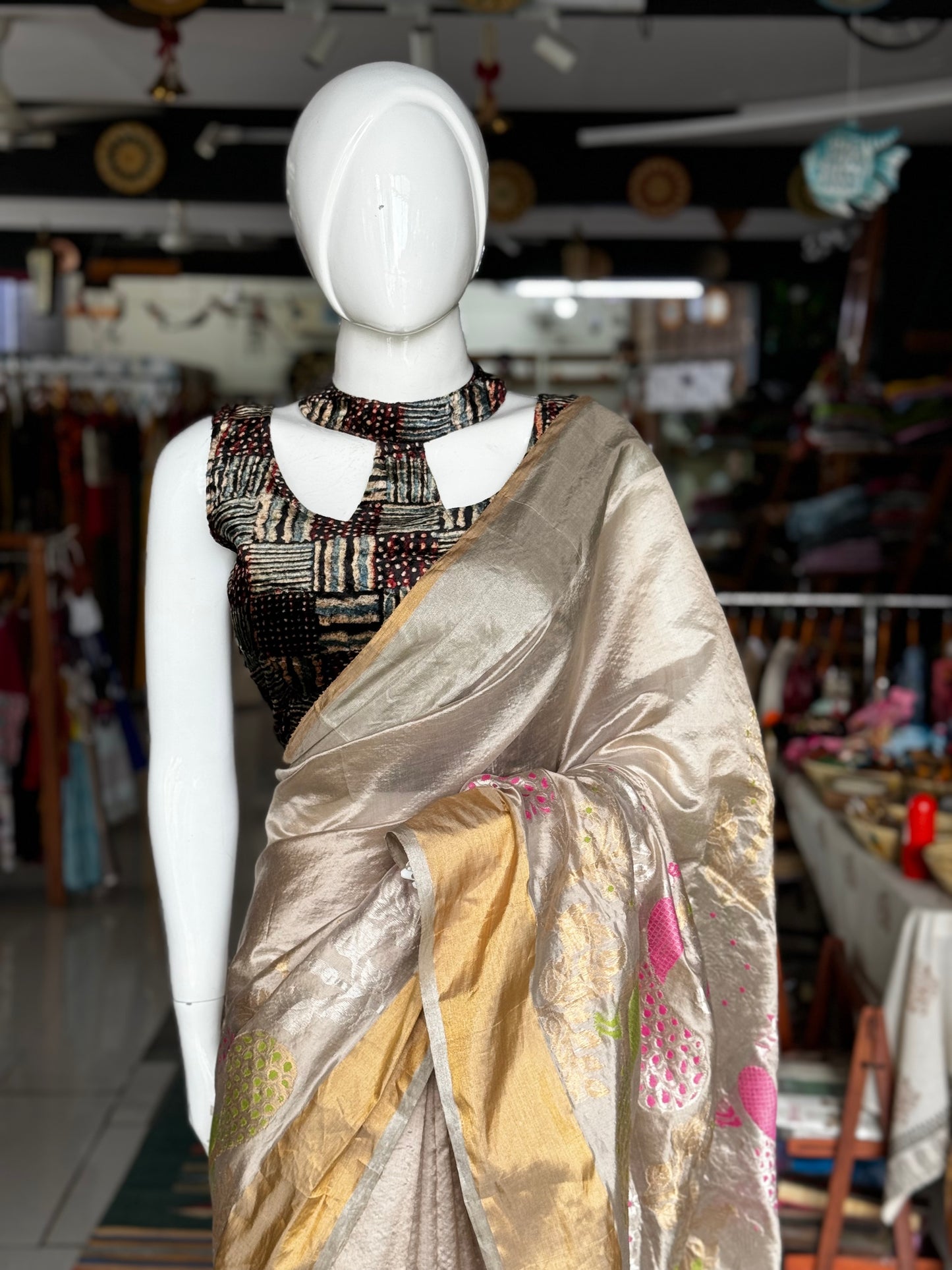 Black luxurious velvet hand block printed ajrakh blouse with fancy band collar