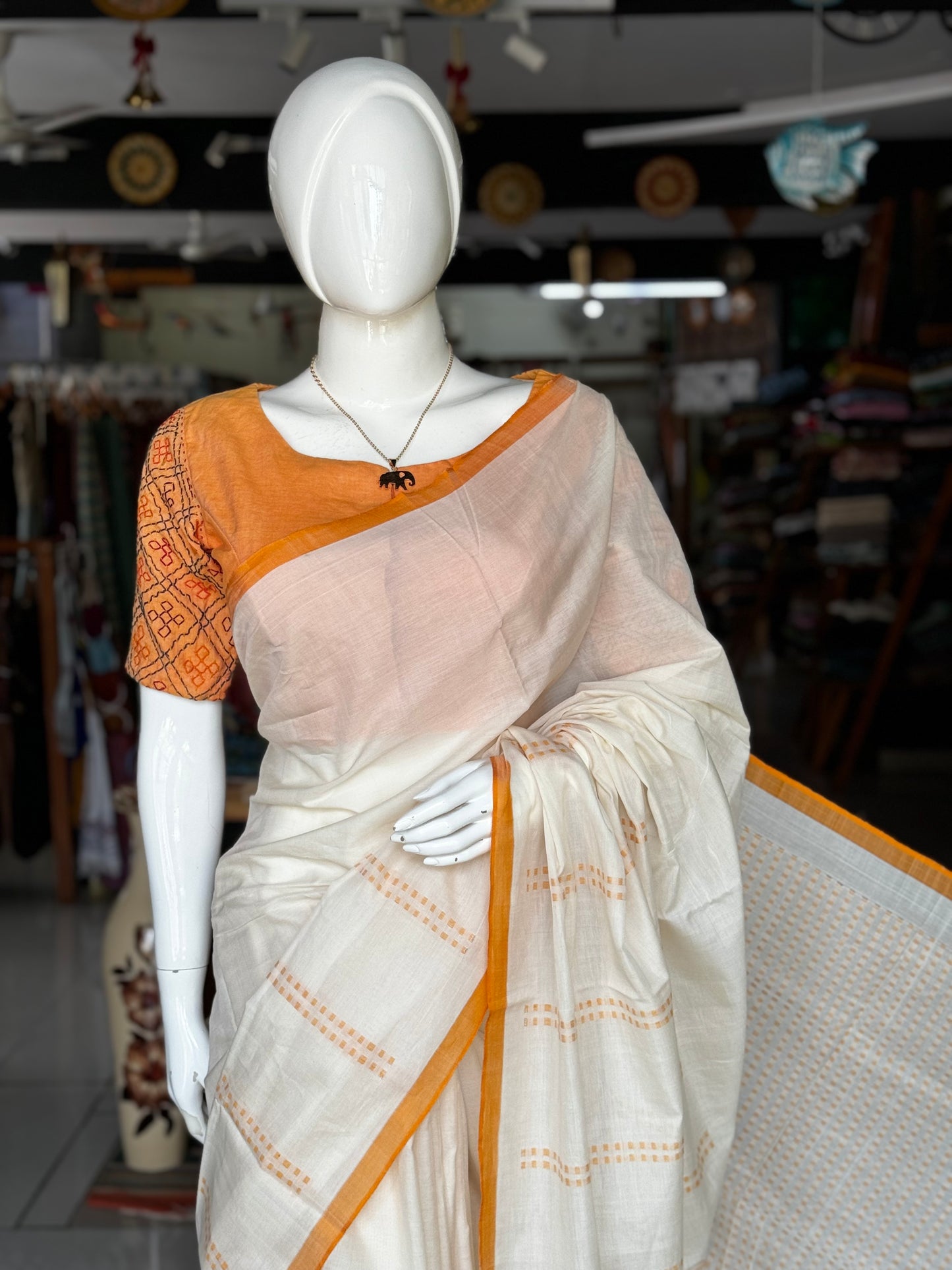 Cream pure soft cotton Kodiyala handloom saree with rust orange square butis