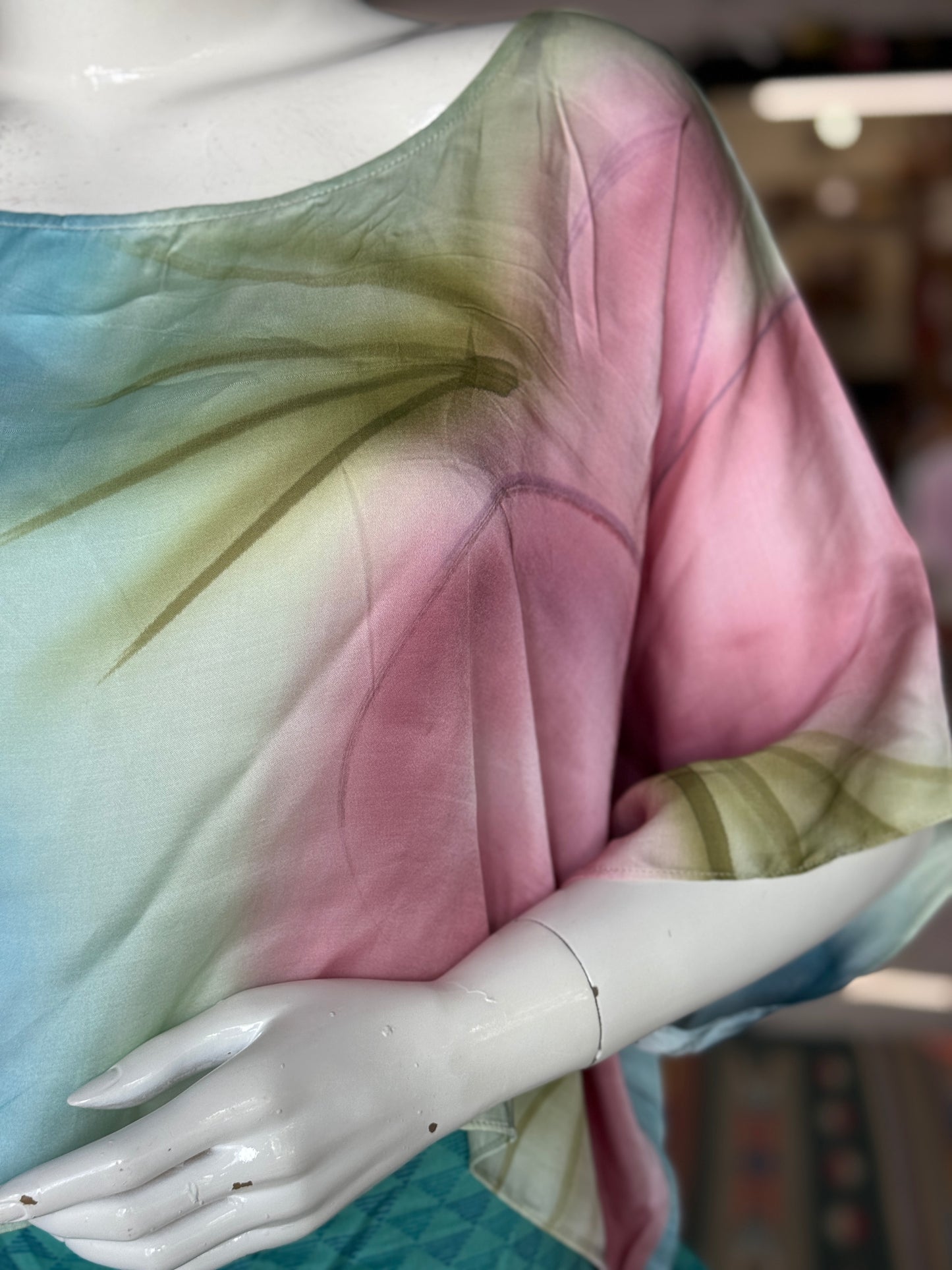 Blue, green and pink hand-painted modal satin kaftan crop top
