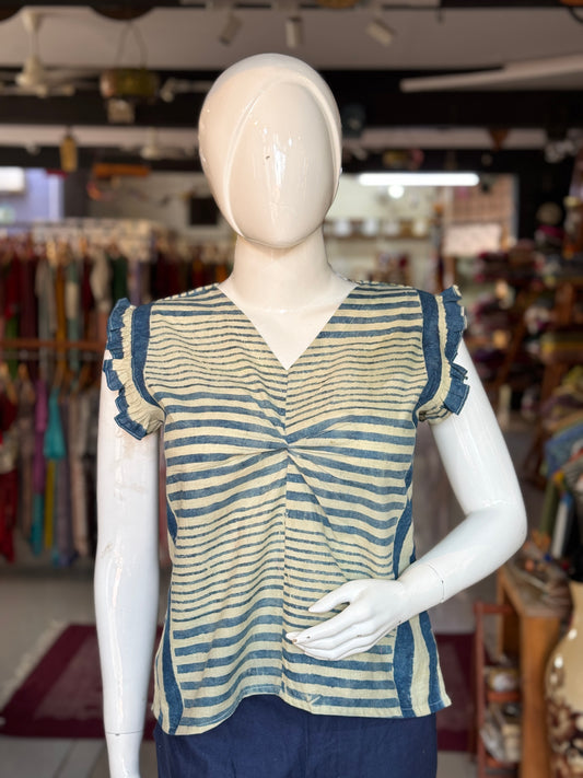 Stripes n checks hand block printed cotton top with twisted front