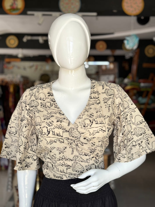 Off white dinosaurs and mammoths hand block printed, natural dyed, wrap style free size cotton crop top blouse