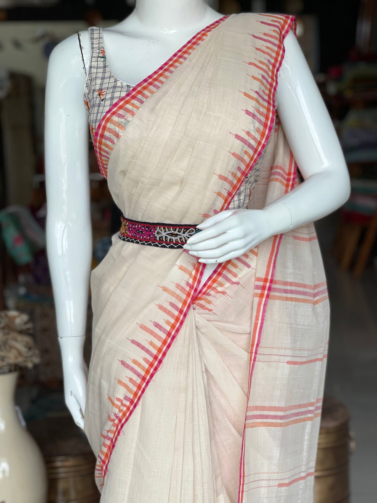 Off white hand spun hand woven cotton saree with beautiful pink border