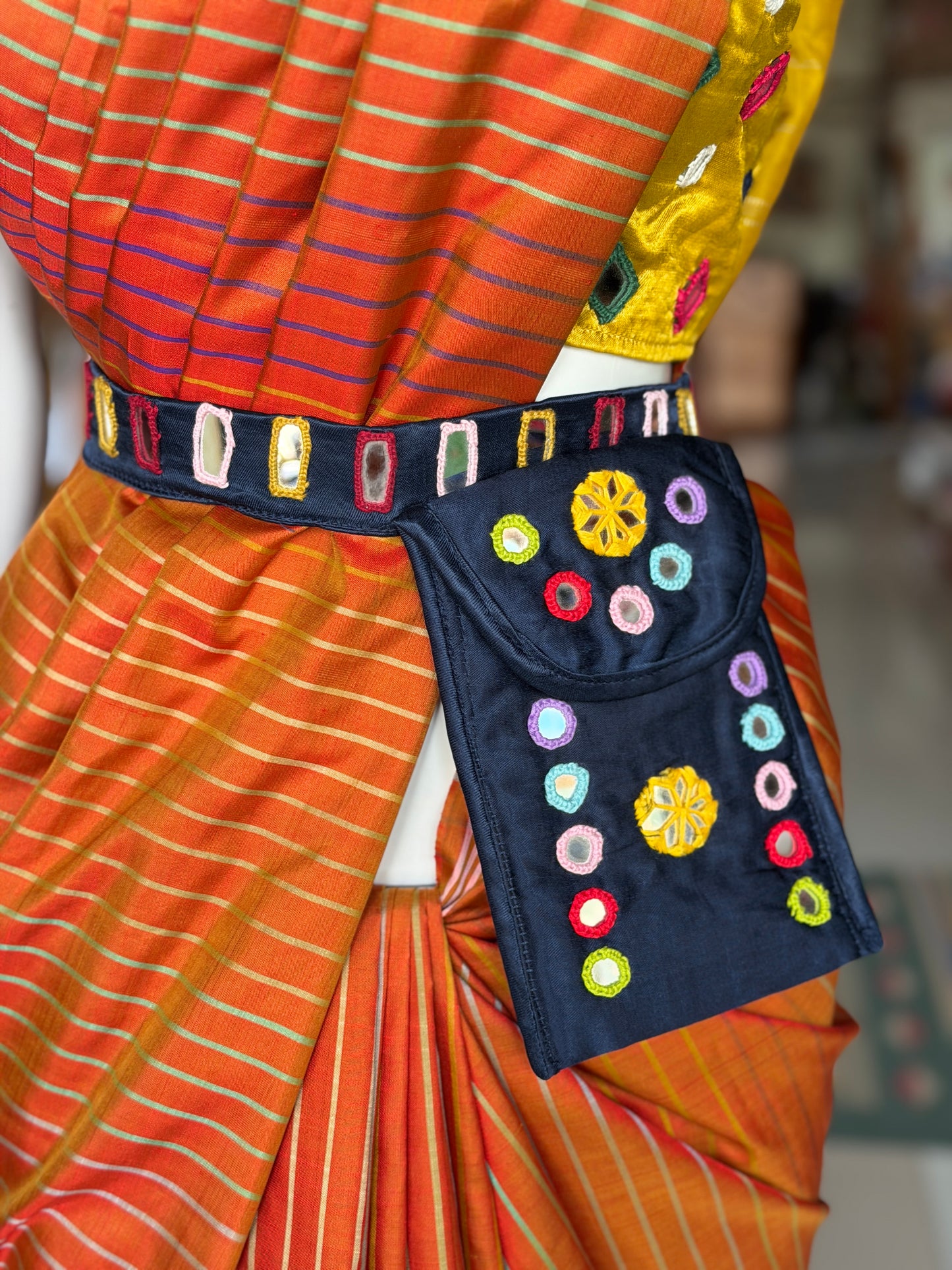 Mashru belt with attached phone pouch - hand embroidered mirror work