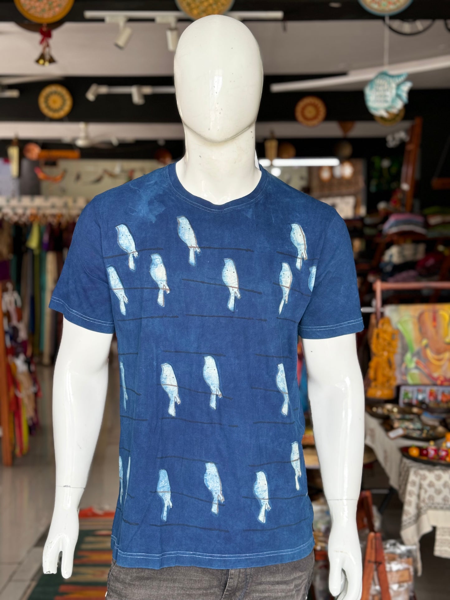 Indigo blue birds on a line- hand block printed natural dyed cotton t-shirt