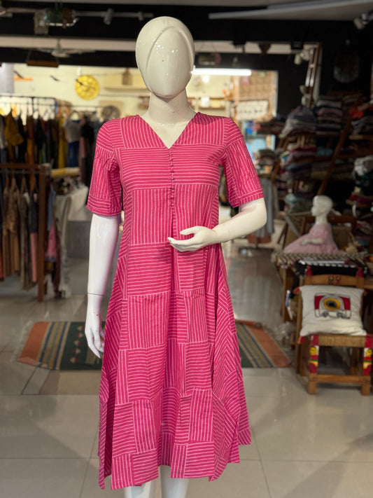 Front pleated, v-neck hand block printed cotton dress - multiple designs