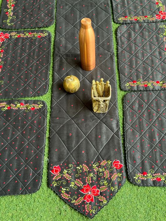 Black embroidered table runner and 6 placemats set with scallop edges