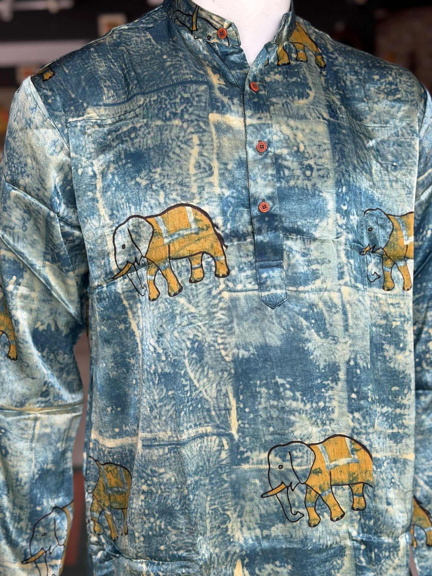 Indigo elephant hand block printed Ajrakh mashru long kurta for men