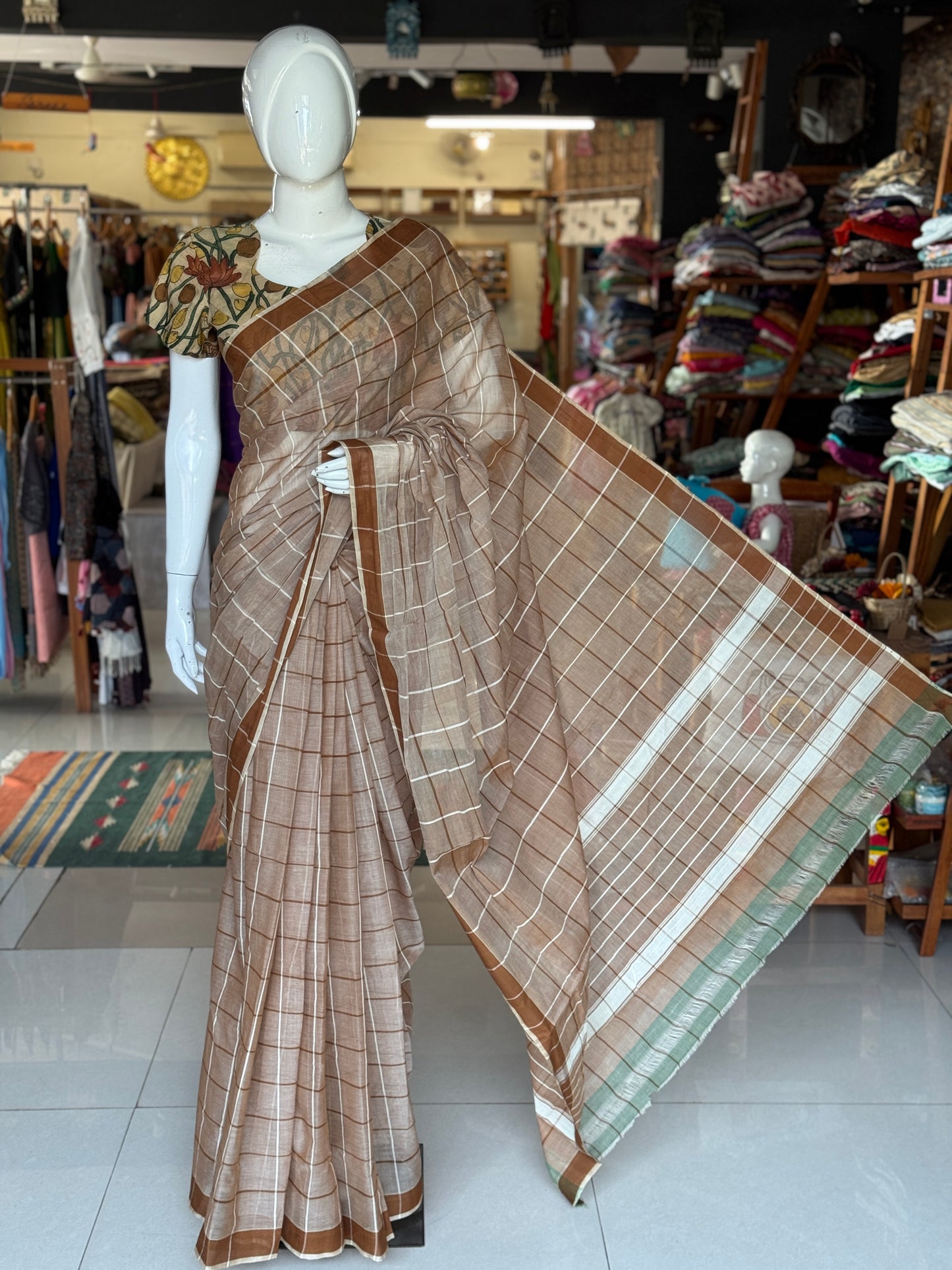 Checkered light weight soft handloom Bobbili cotton saree - multiple colors available