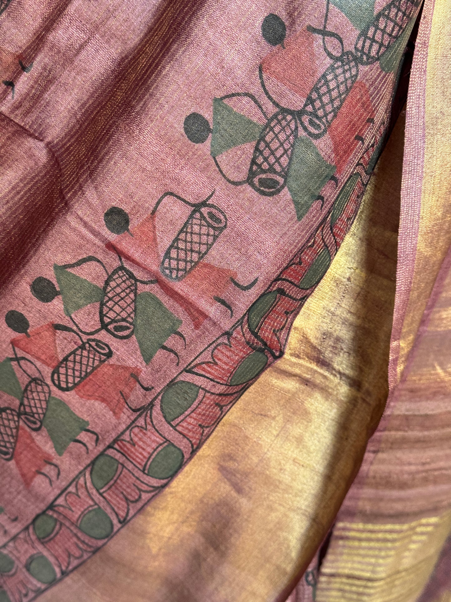 Mauve tone tussar silk hand woven, Warli hand painted saree
