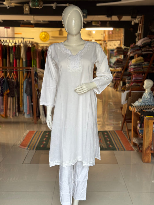 White chikankari hand embroidered cotton kurta n pants - 2 piece coord set
