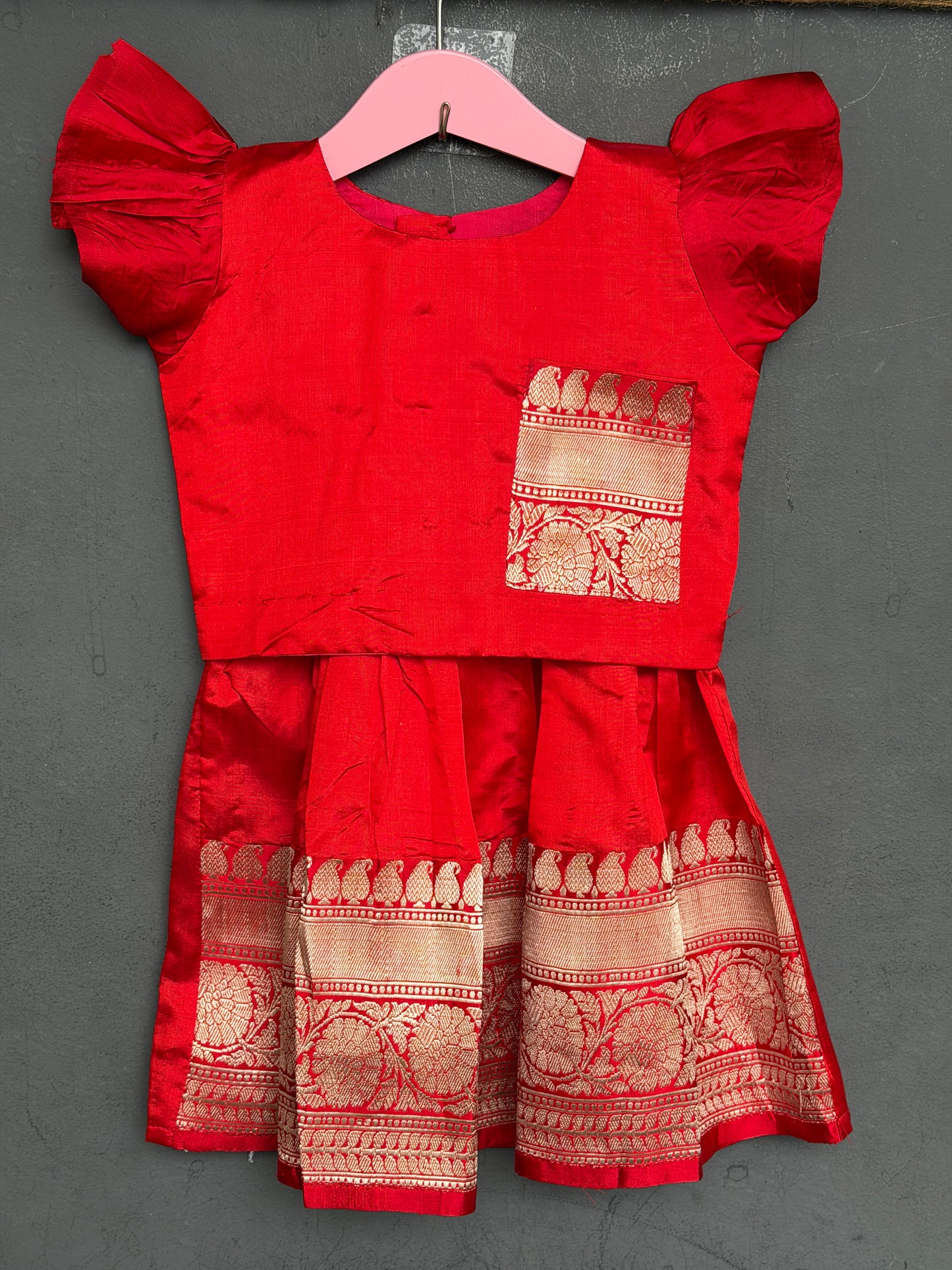 Red handwoven pure silk lehenga (pattu langa jacket) blouse set