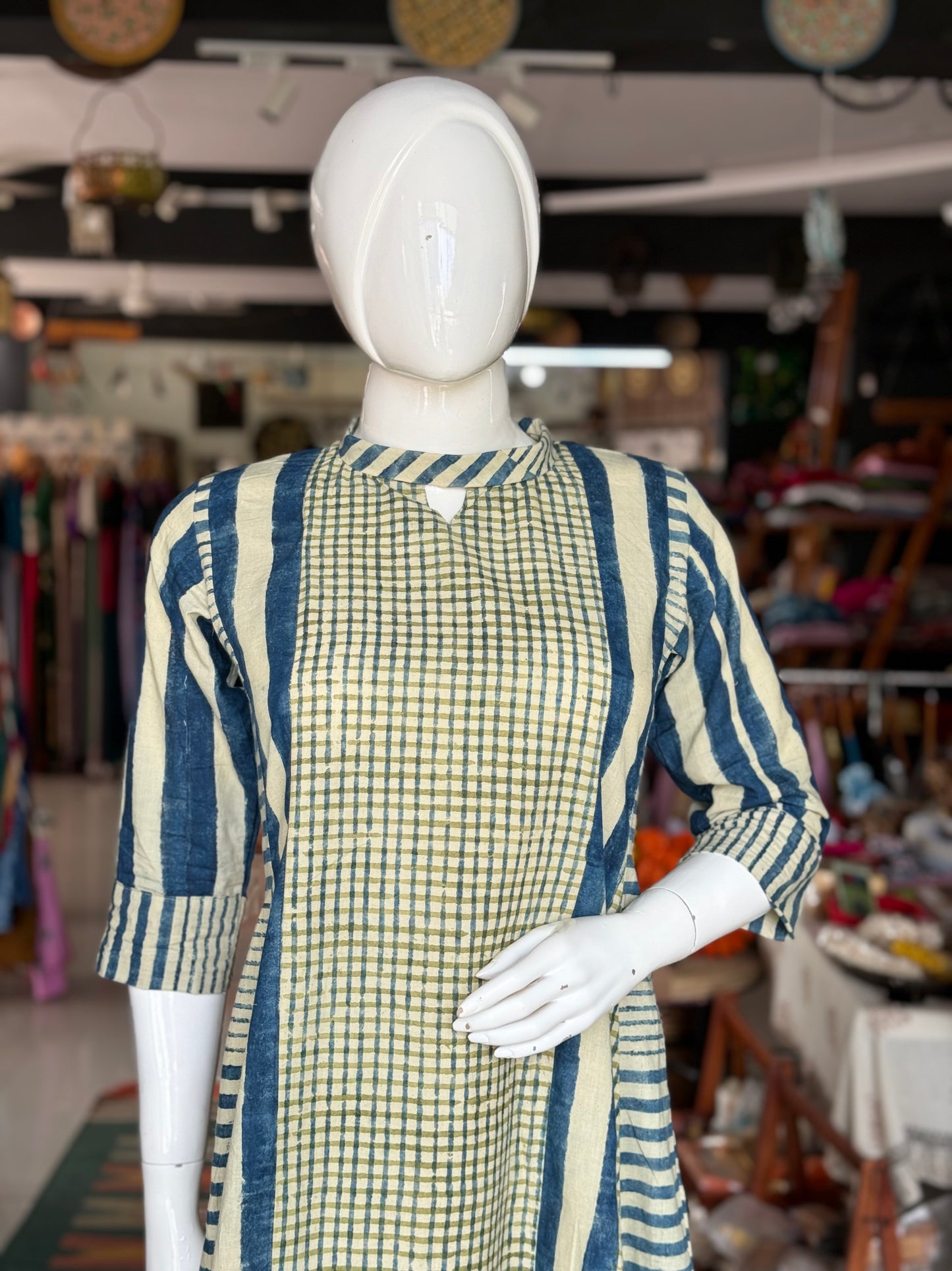 Blue green stripes and checks hand block printed designer cotton dress with band collar