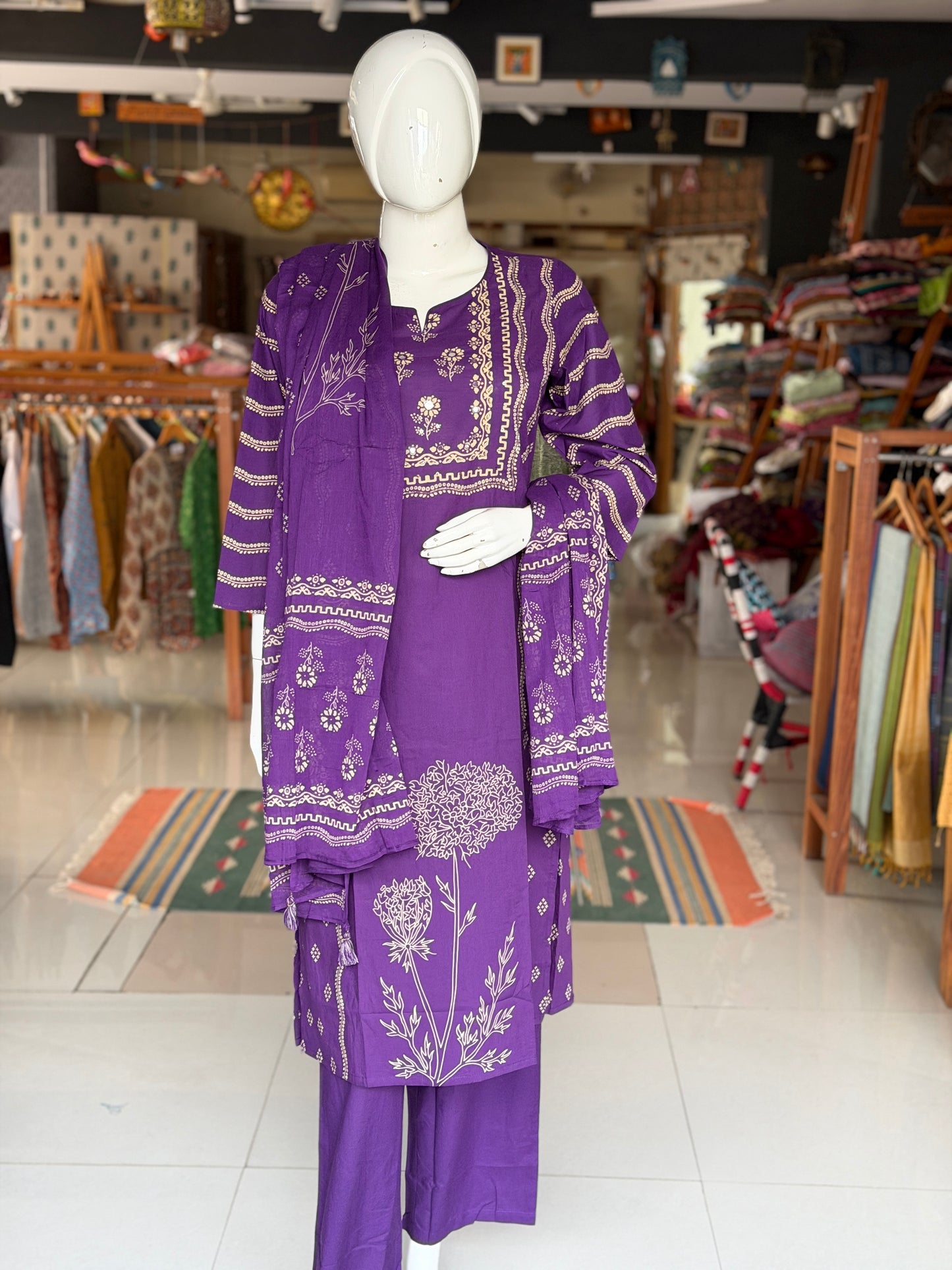 Violet tree print straight kurti, pants and dupatta - 3 piece set