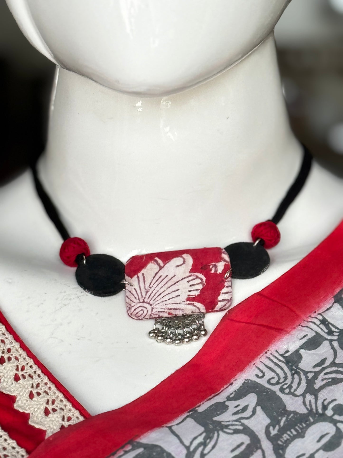 Hand block printed cotton fabric and oxidised silver handcrafted choker neckpiece and earrings set