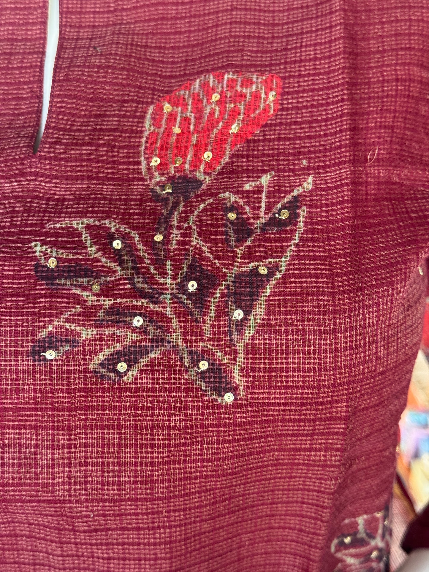 Wine tone hand block printed kota cotton straight kurti, pants and dupatta set - with hand embroidery