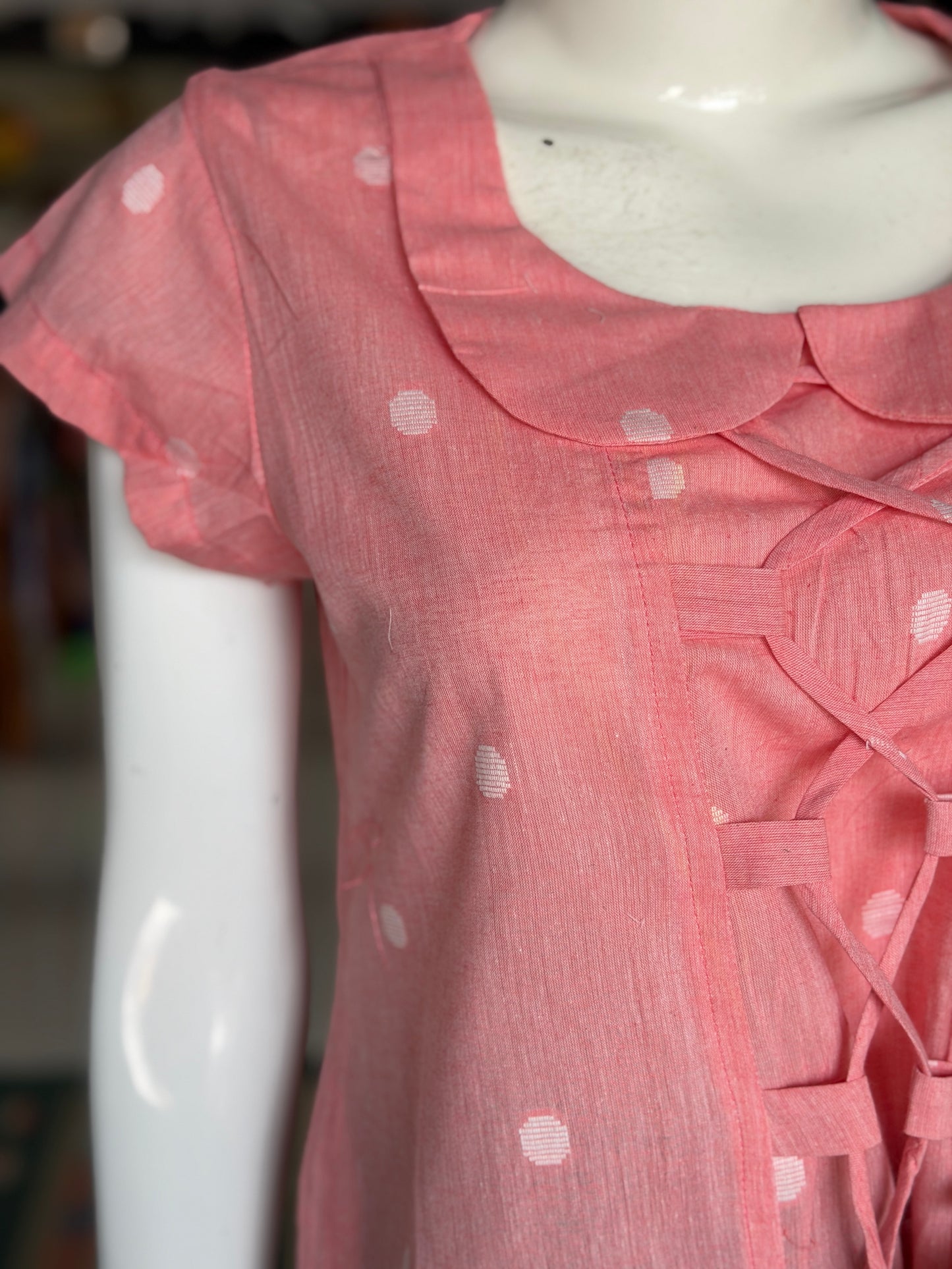 Peach Jamdani Peter Pan collared handloom cotton top with front adjustable ties