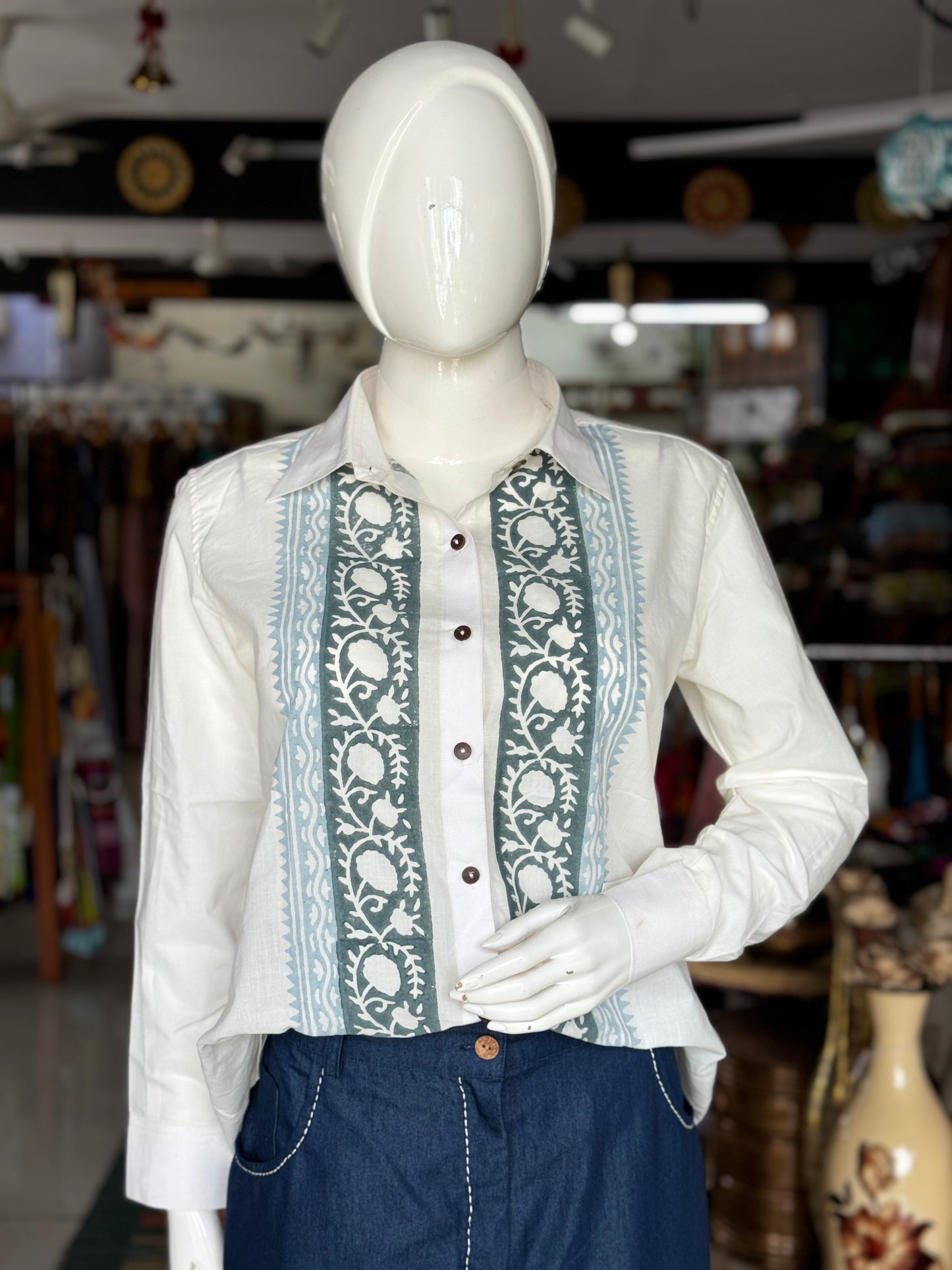 White hand block printed cotton full sleeves shirt for women