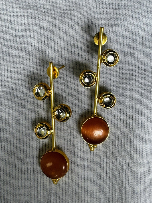 Orange and white stones gold tone earrings