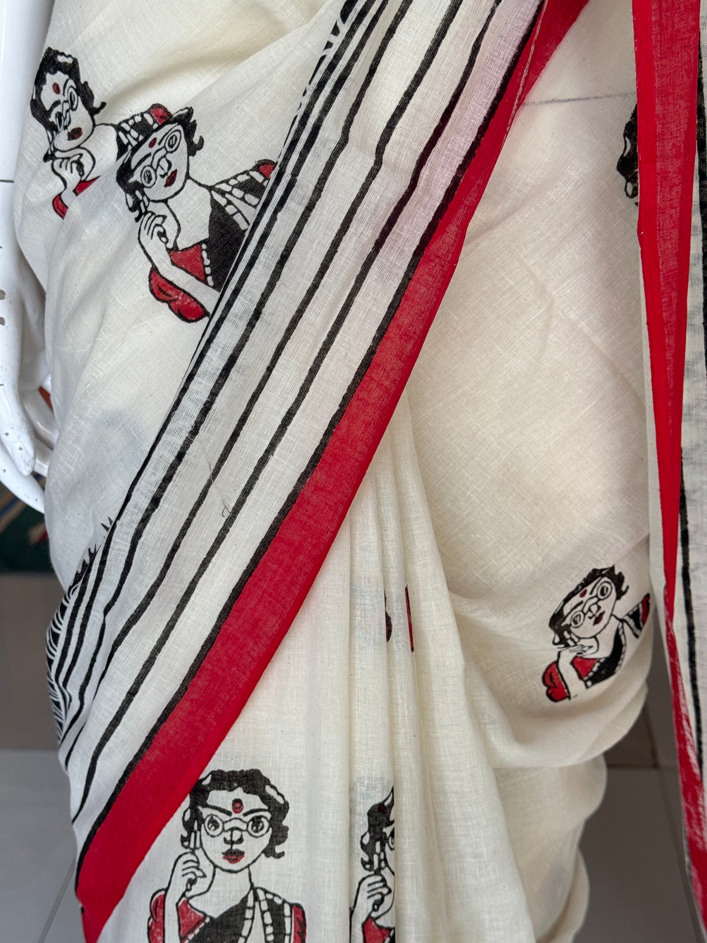 Lovely lady - quirky hand block printed off white cotton saree