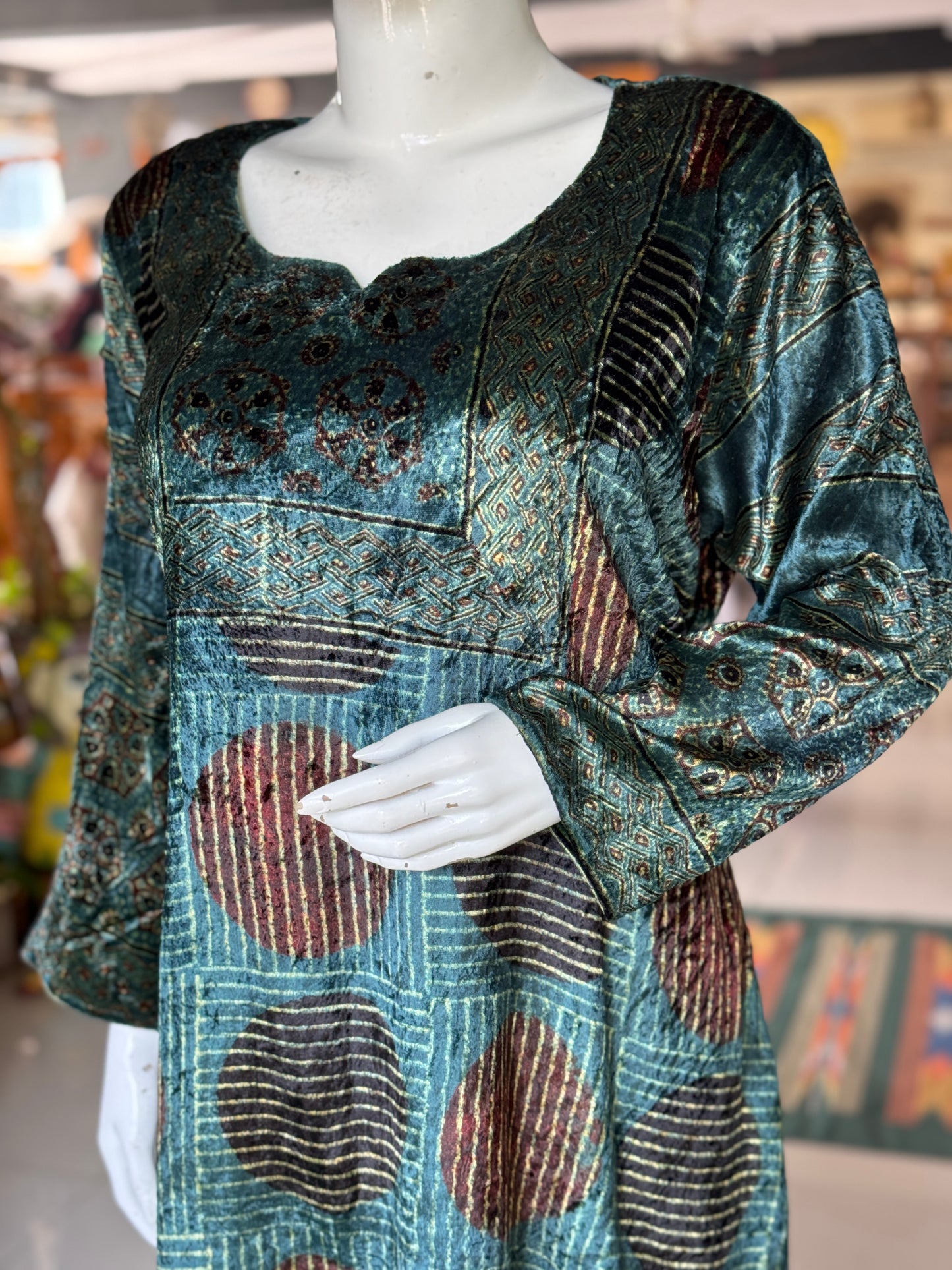 Green velvet straight kurti with Ajrakh hand block prints and long sleeves