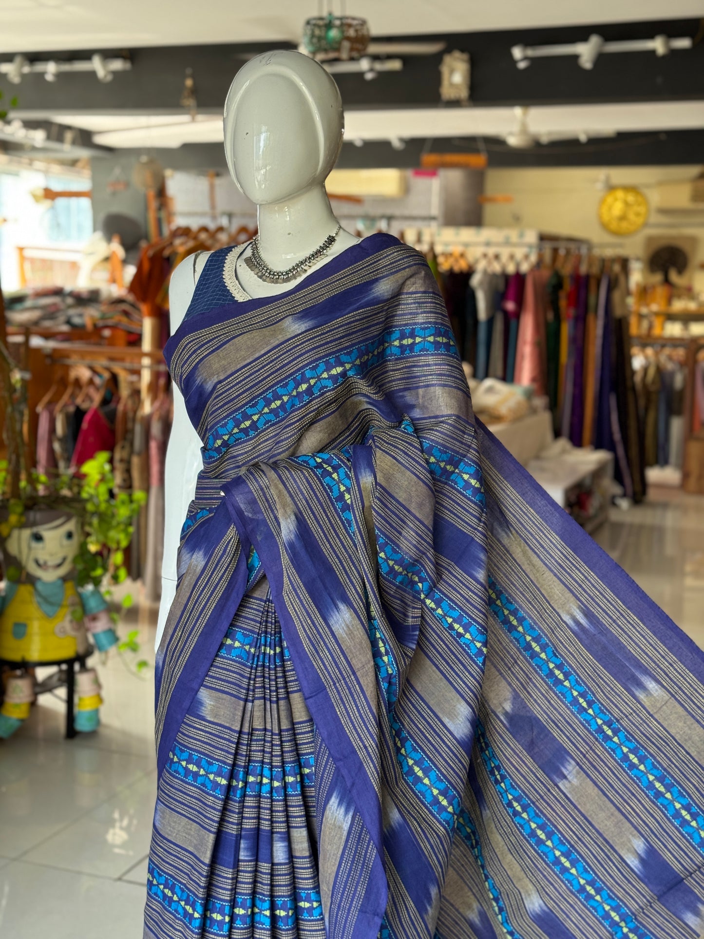 Blue stripes Chettinad cotton handloom yardage / saree