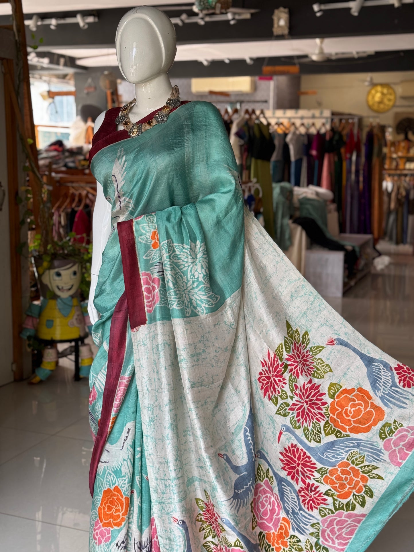 Sea green birds and flowers hand painted Batik pure soft katan silk saree