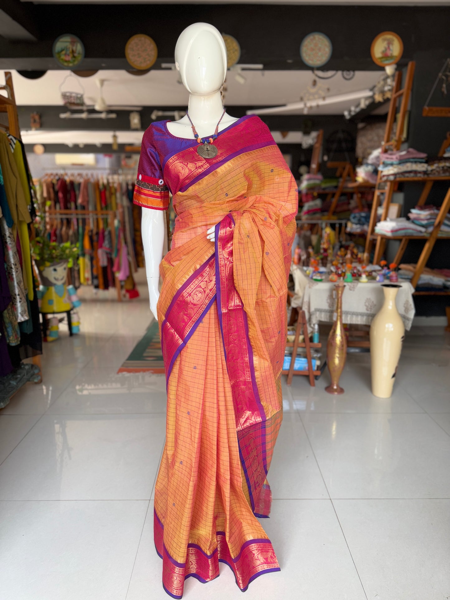 Yellow x pink cotton checkered Venkatagiri power loom saree with purple border