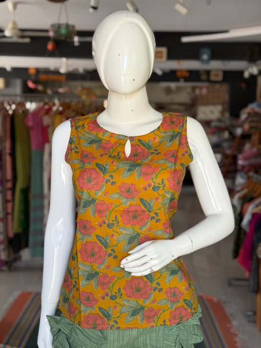 Mustard yellow cotton floral print sleeveless short top