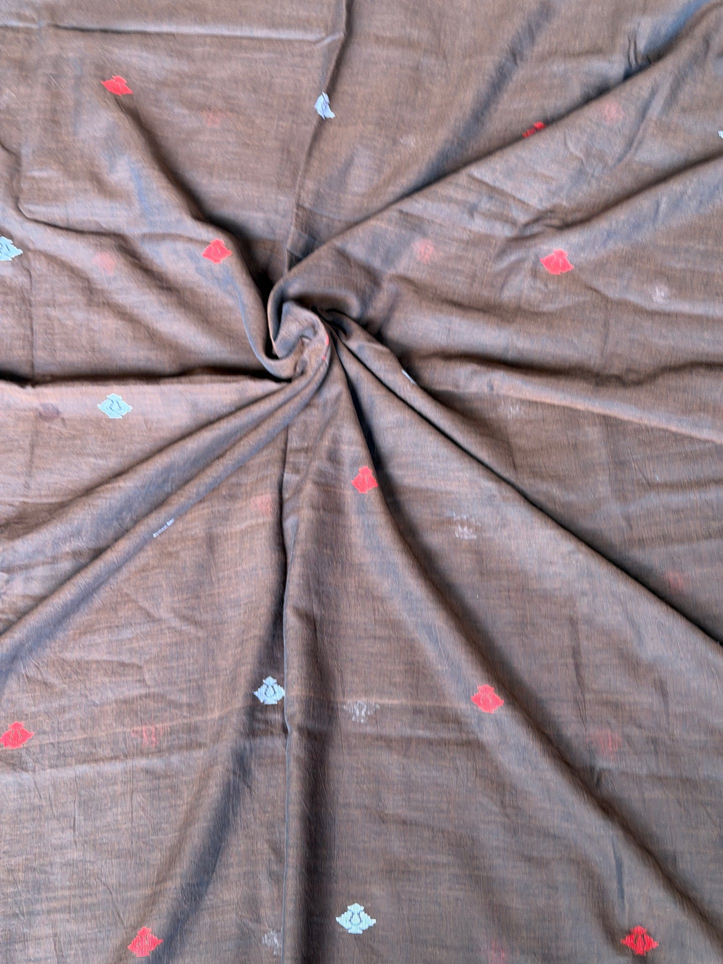 Brown Jamdani handwoven soft cotton yardage / saree