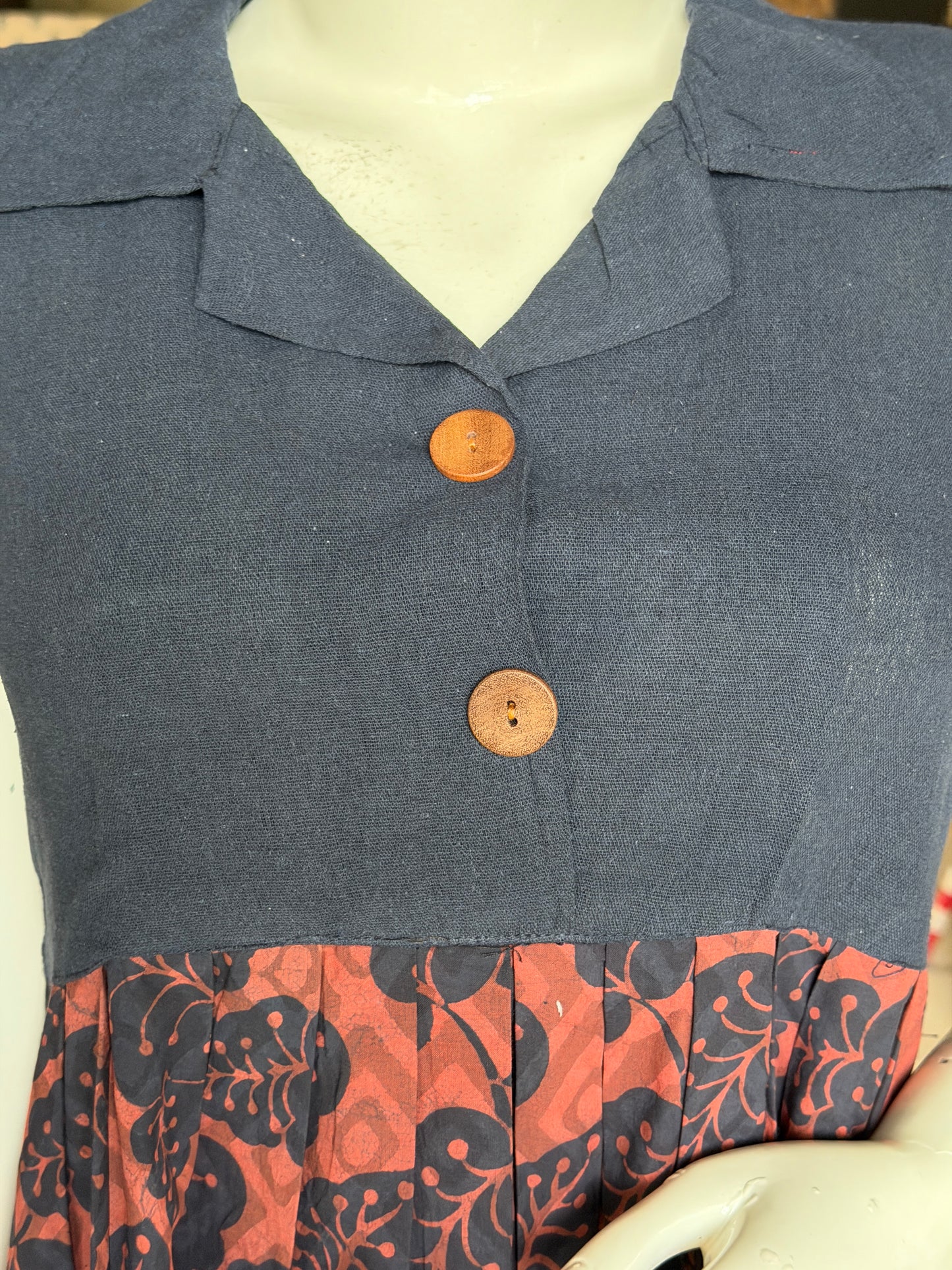 Navy blue kala cotton hand woven shirt look dress with hand block prints
