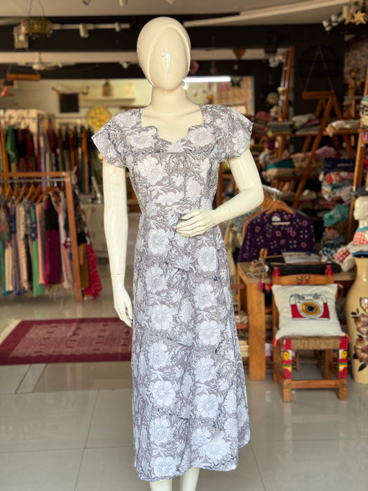 Grey floral hand block printed cotton dress with overlap skirt