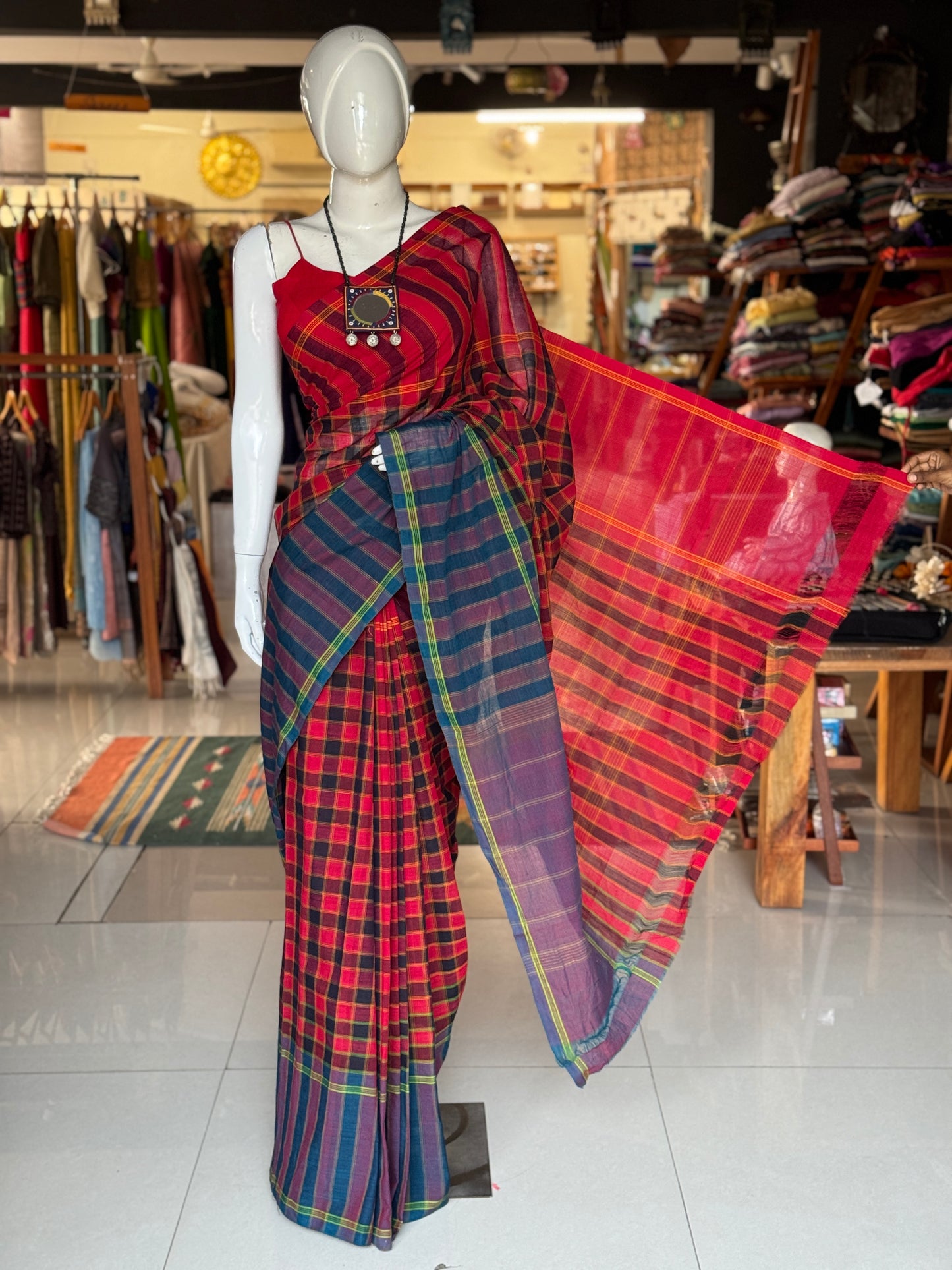 Red checks special Chettinad cotton handloom saree