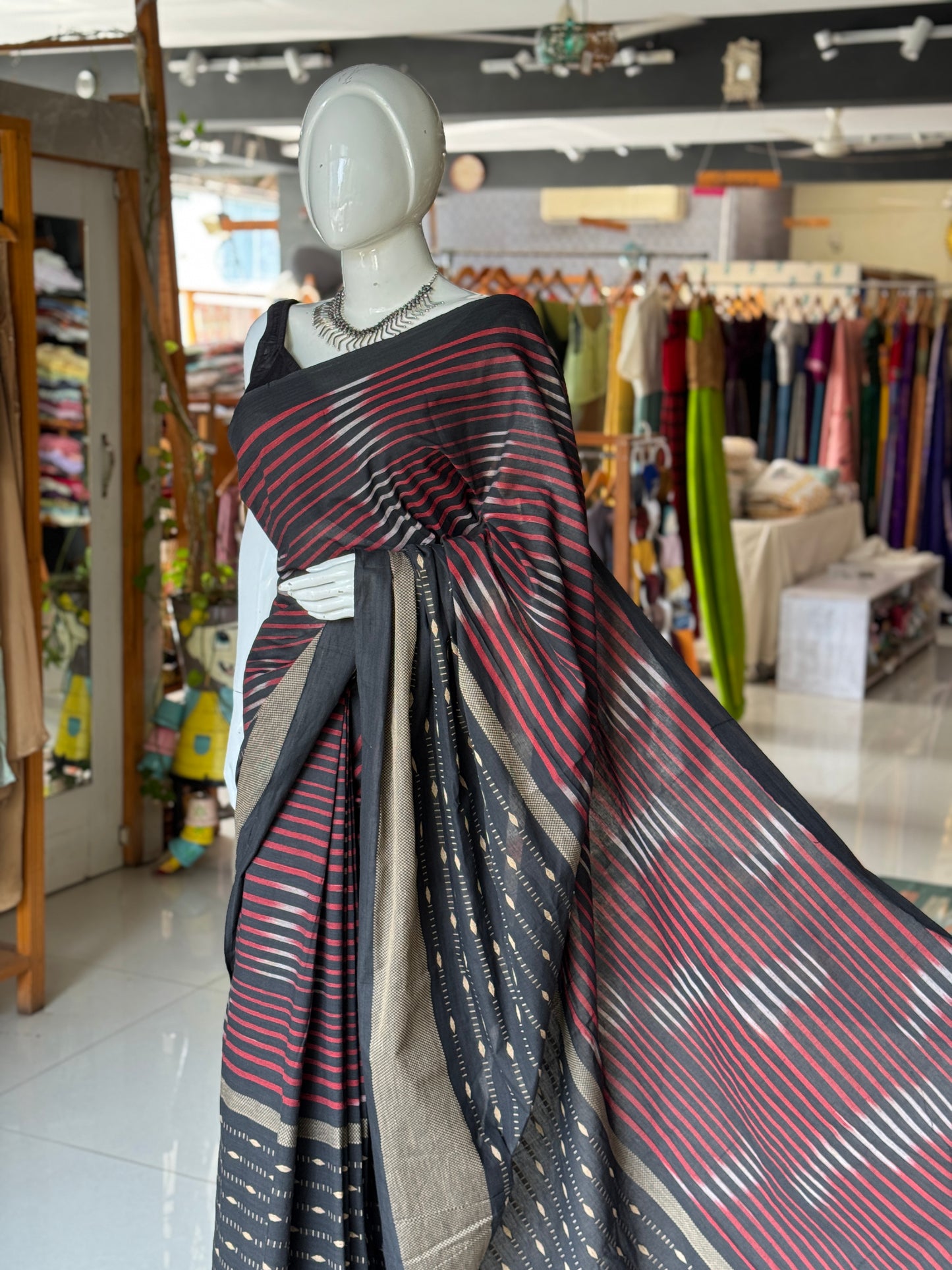 Black stripes Chettinad cotton handloom yardage / saree