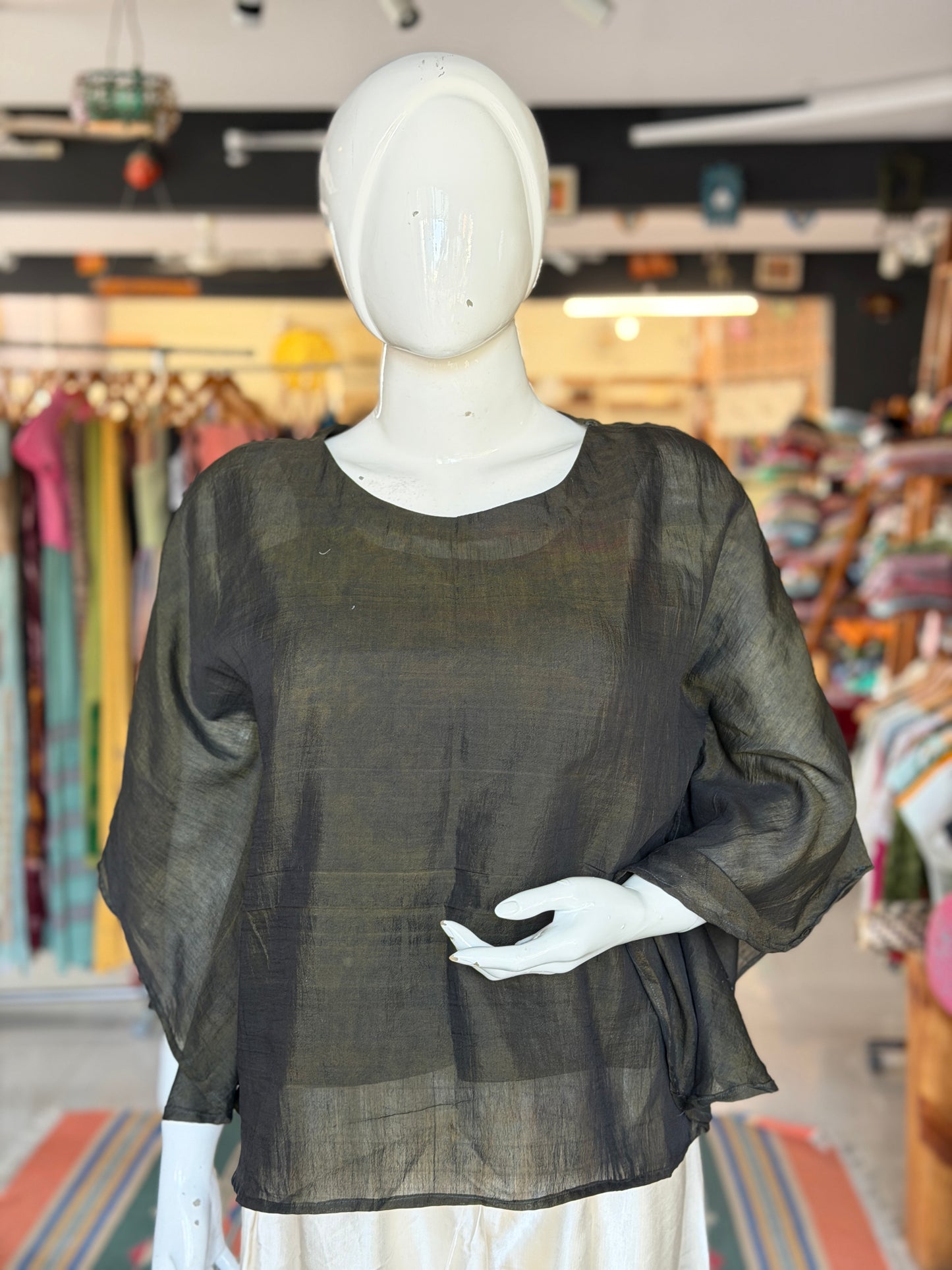 Moss green handwoven silk cotton top with fancy sleeves