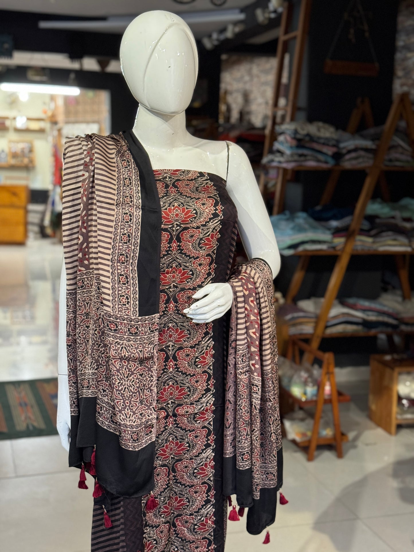 Modal 2 piece unstitched set - kurti n dupatta in natural dyed Ajrakh hand block prints