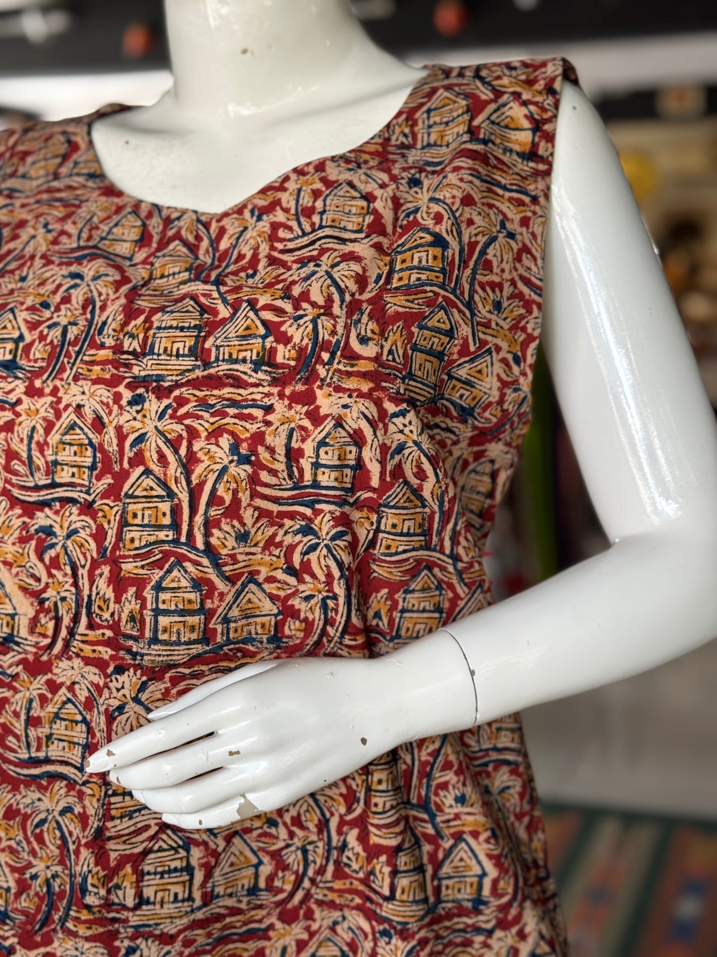 Maroon Kalamkari cotton coord set - houses n trees handblock printed cotton
