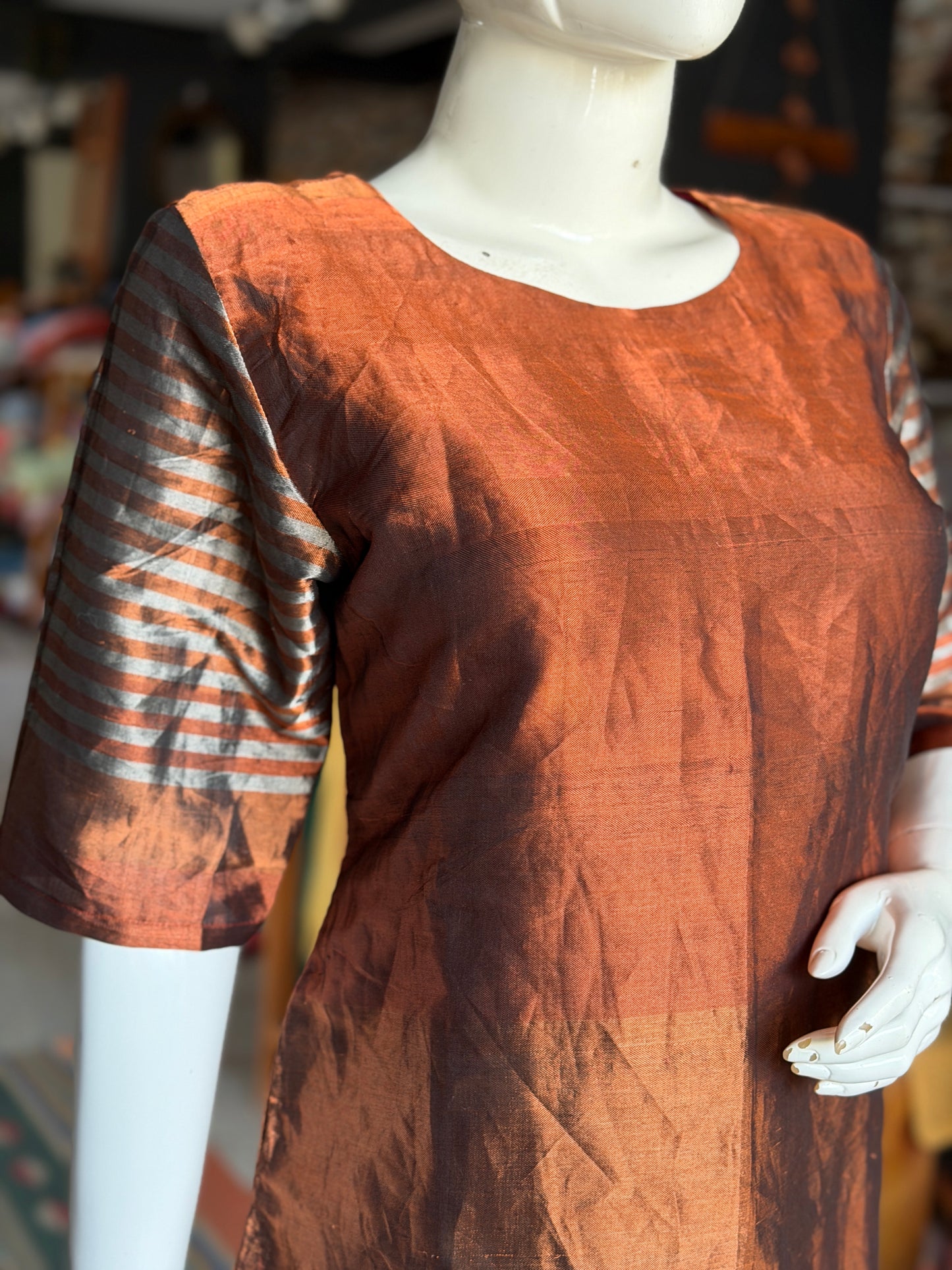 Brown Maheshwari tissue cotton handwoven straight kurti with silver stripes at hem