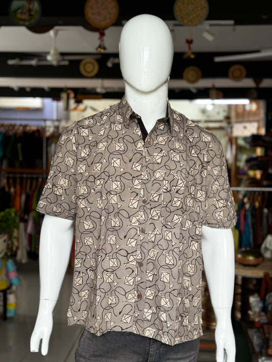 Grey kites print half sleeves mens natural dye, hand block printed cotton shirt