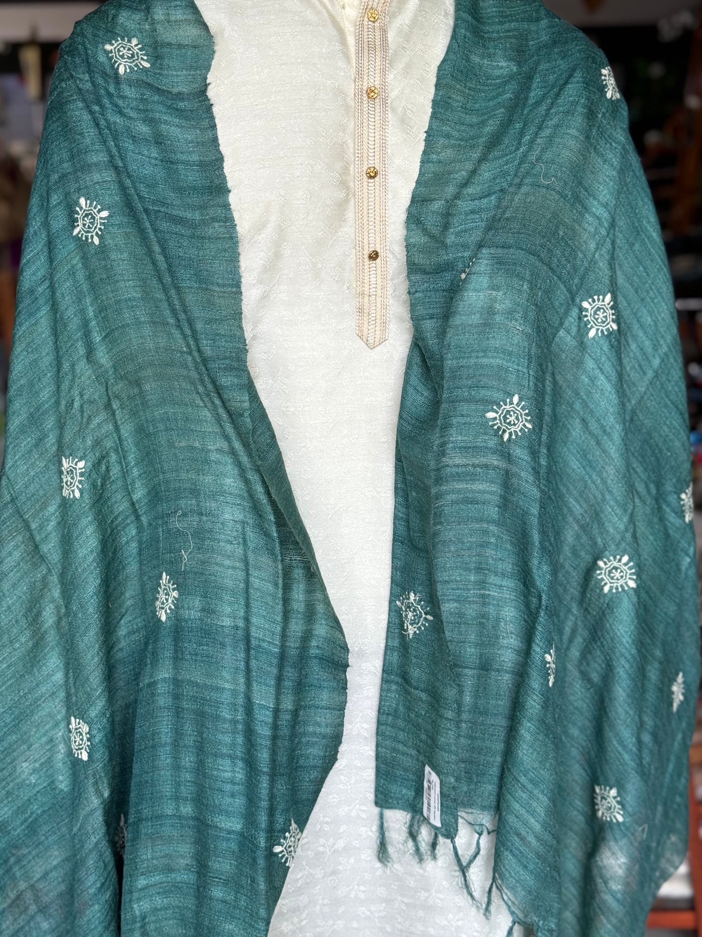 Green chikankari tussar silk dupatta