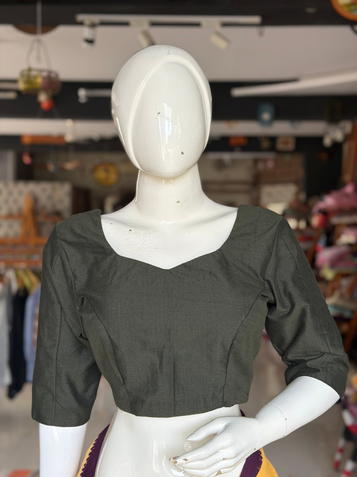 Dark green hand woven cotton elbow sleeves back open blouse