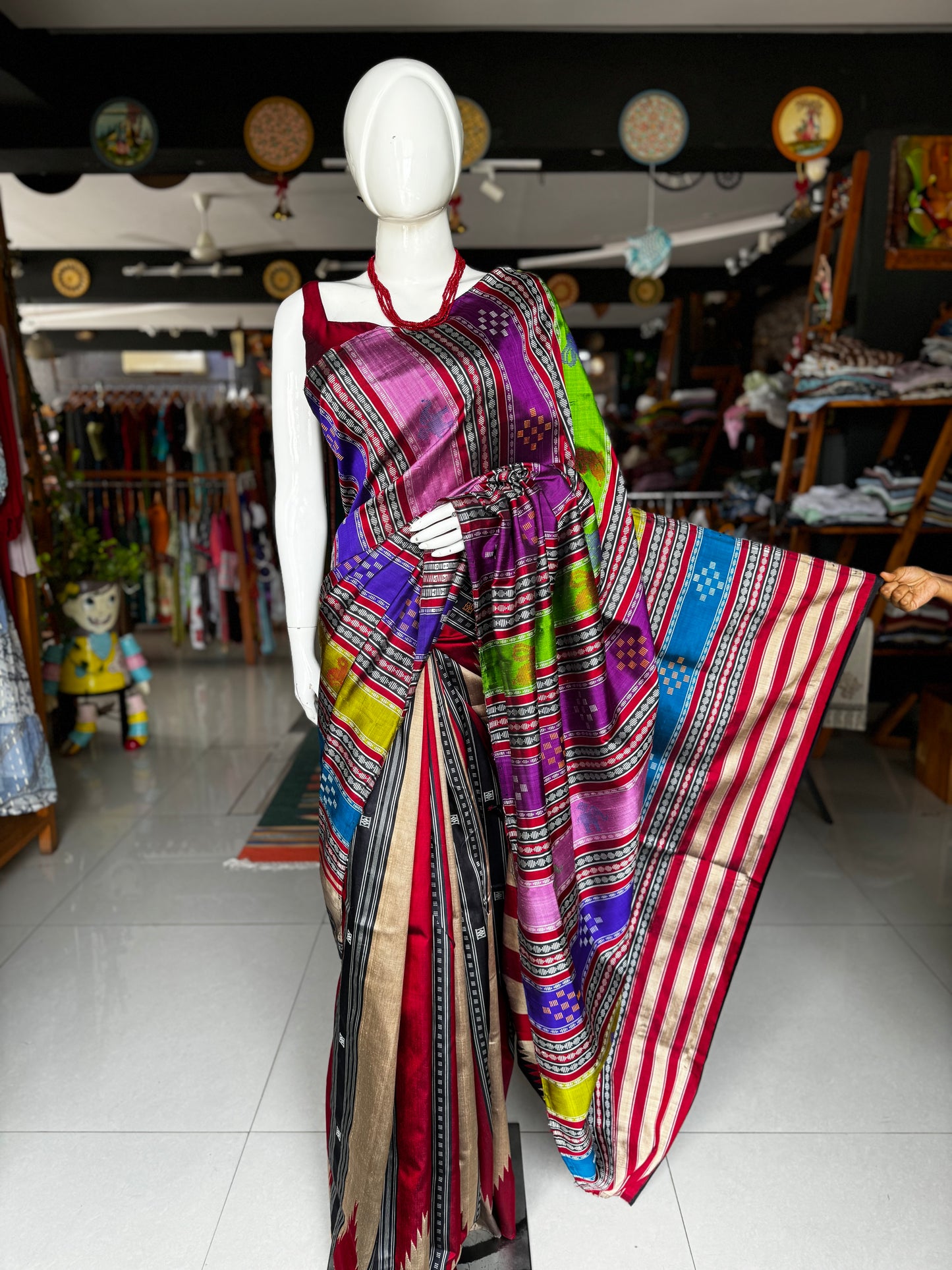 Maroon, gold and black stripes Brahmapuri silk handwoven saree with temple border and colourful double palla