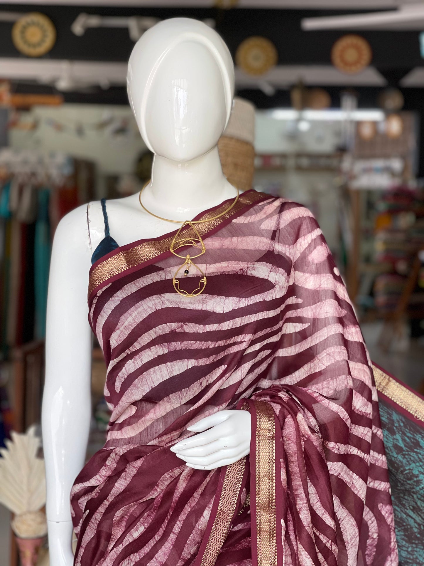 Tiger hand painted Wax batik silk cotton Maheshwari handloom saree with Narmada lehar border