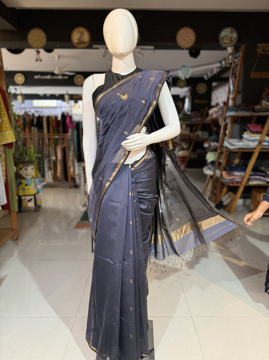 Blueish grey Maheshwari handloom silk cotton saree with star butis and thin border