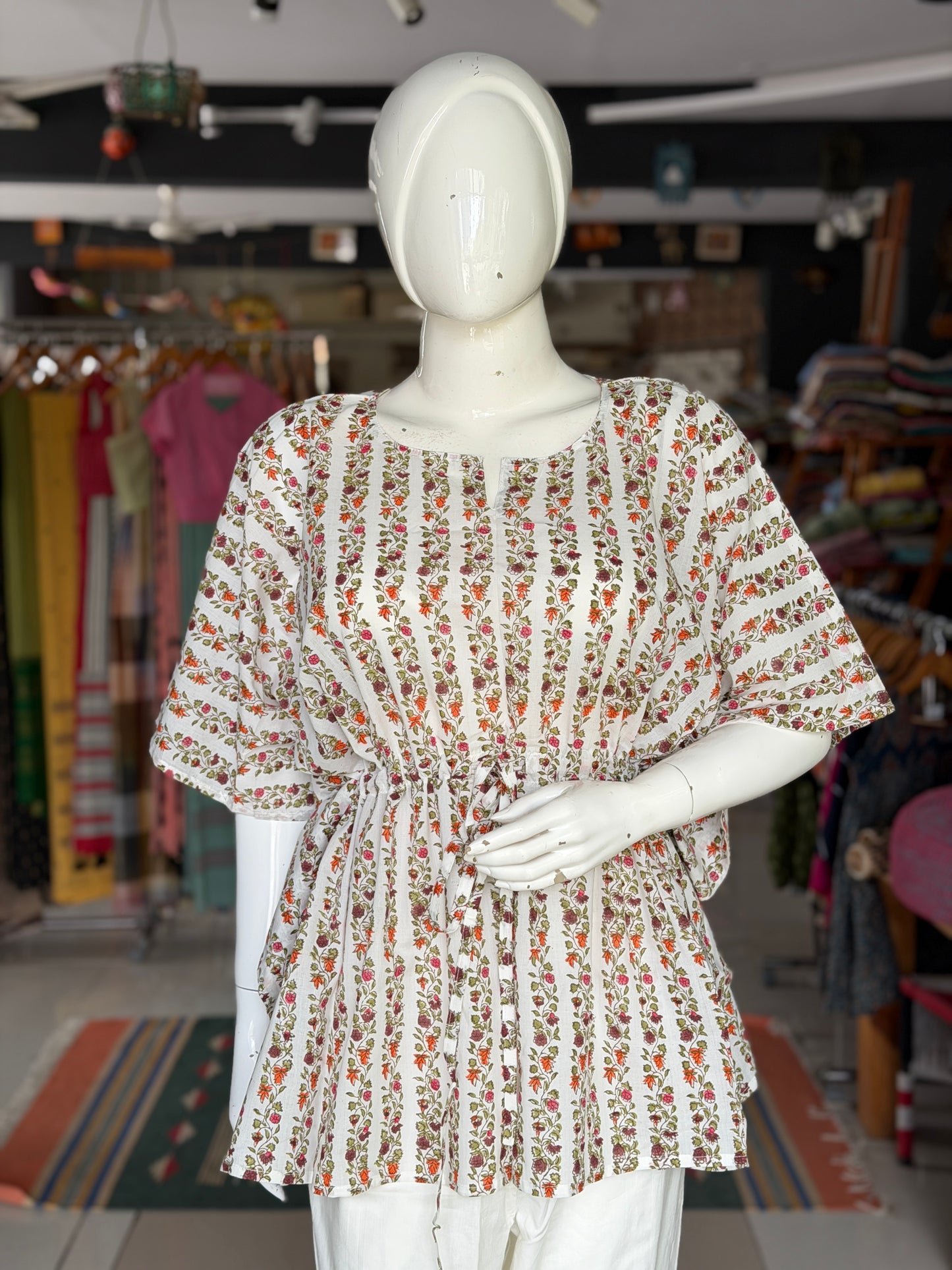 White floral stripes Kaftan top in cotton hand block prints and plain cotton pants - 2 piece set
