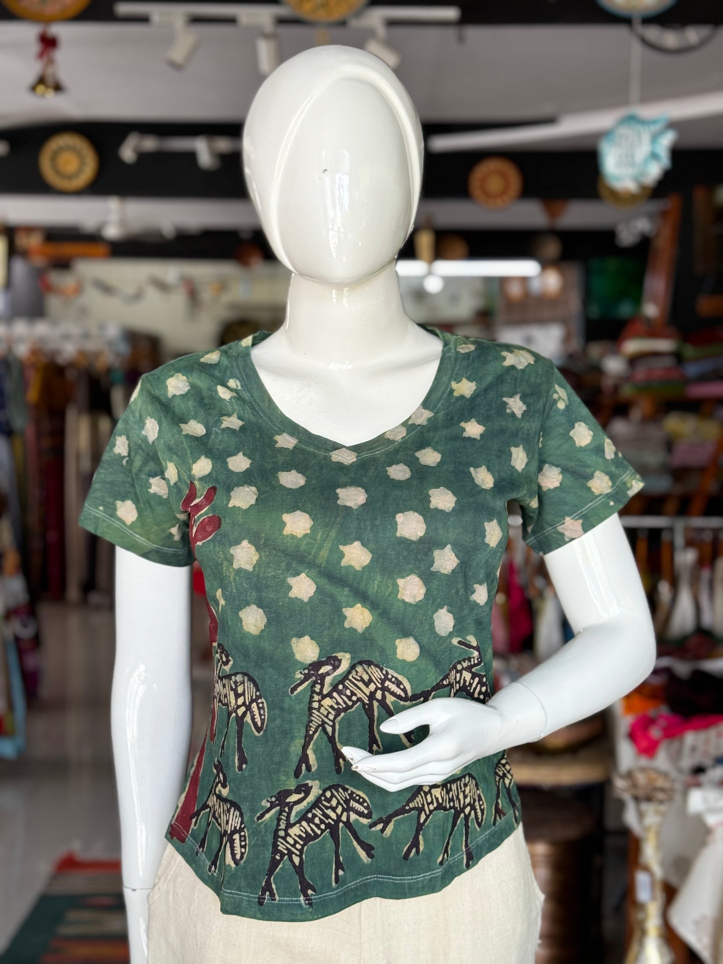 Green stars and deers cotton hand block printed , natural dyed tshirt for women