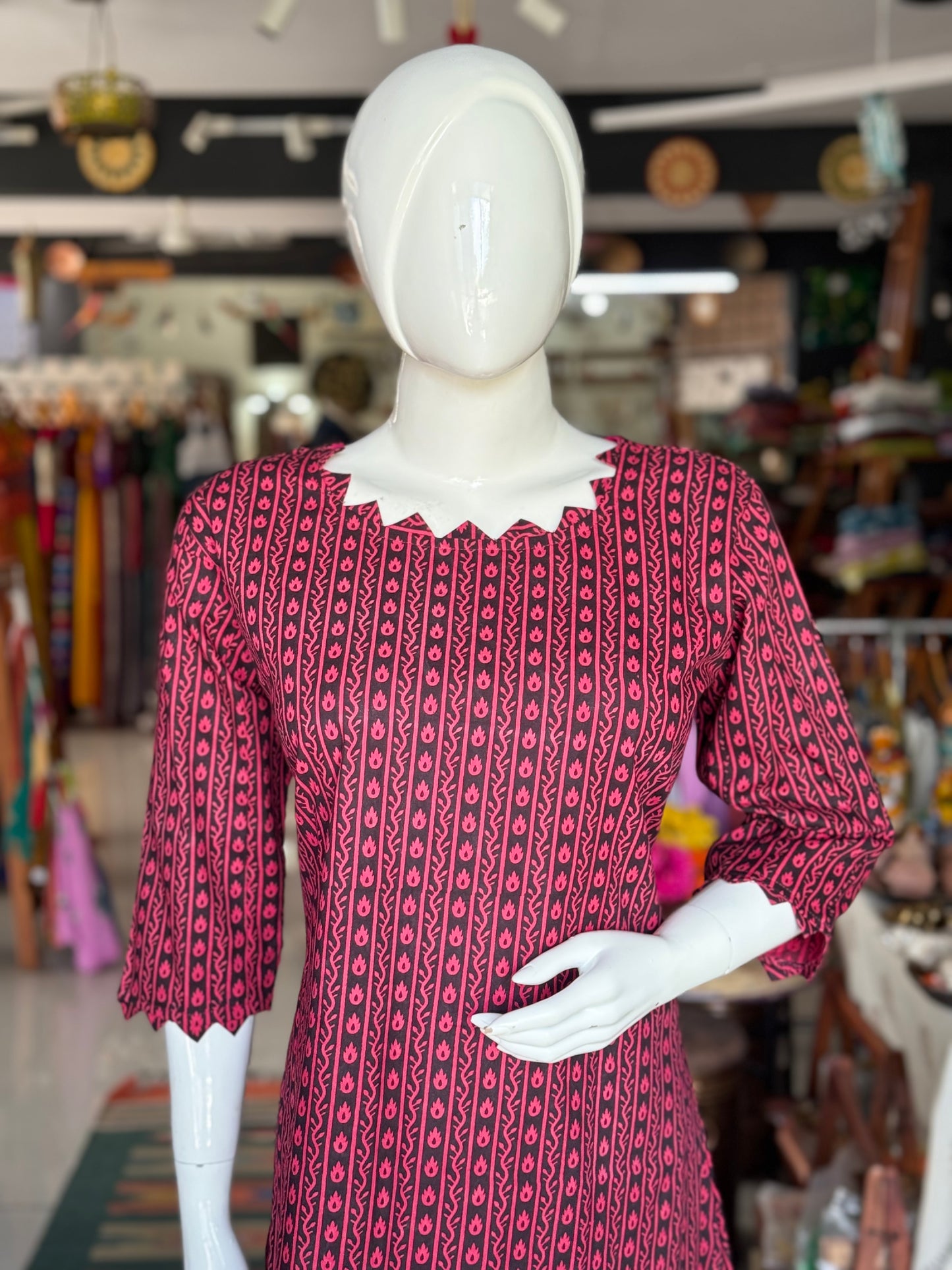Black and pink printed cotton A-line kurti
